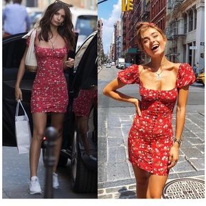 Rat & Boa
Red Bustier Button Down Floral Peasant Prairie Night Out Dress.